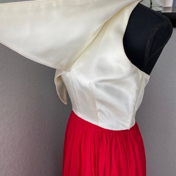 GORGEOUS Vintage 1960s Ivory Satin Halter Dress Red Chiffon Maxi Small 4 - Picture 13 of 16